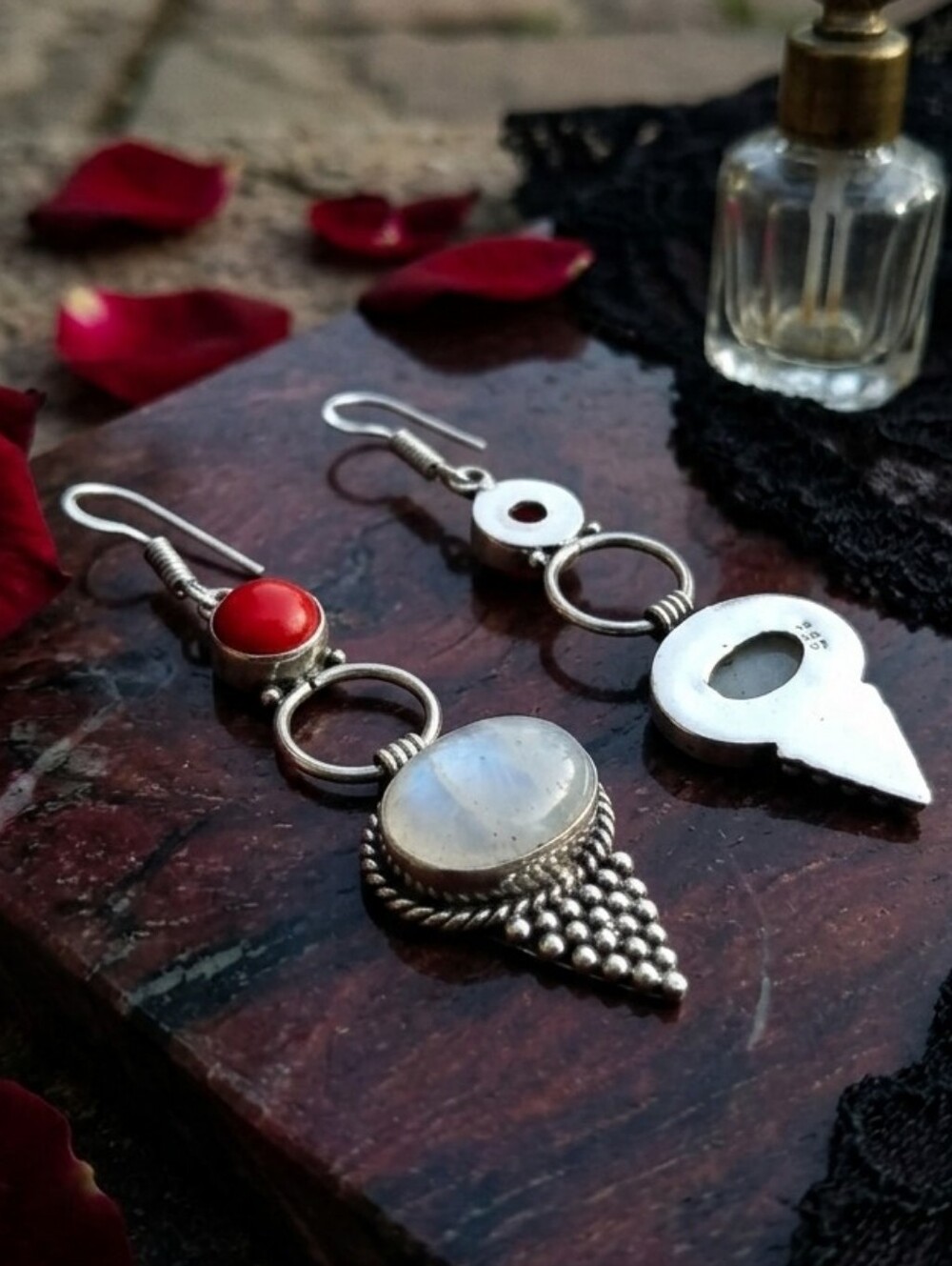 925 Sterling Silver Whimsigoth Moonstone and Red Coral Drop Earrings 2.5" - Picture 11 of 16
